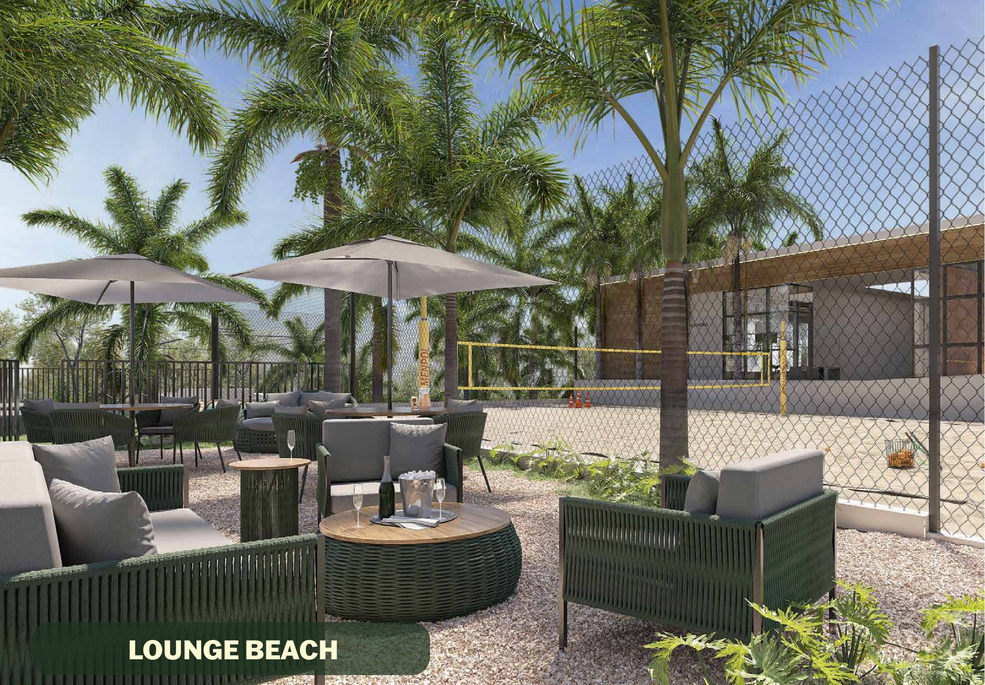 Lounge beach com poltronas sob palmeiras